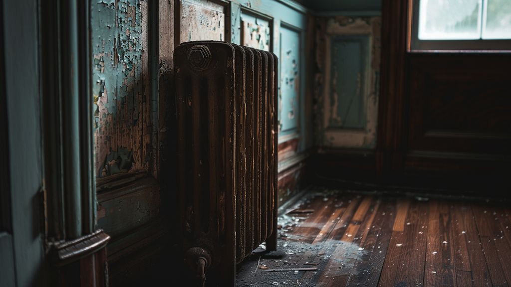Wooden furniture placed near a radiator causing paint damage.