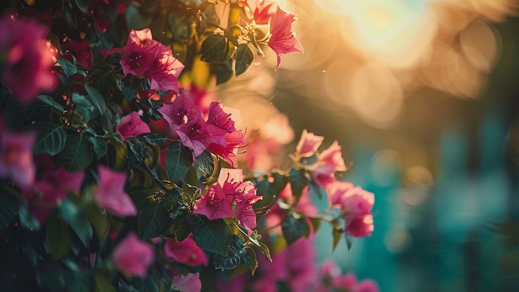 Vibrant bougainvillea flowers blooming under the intense summer sun.