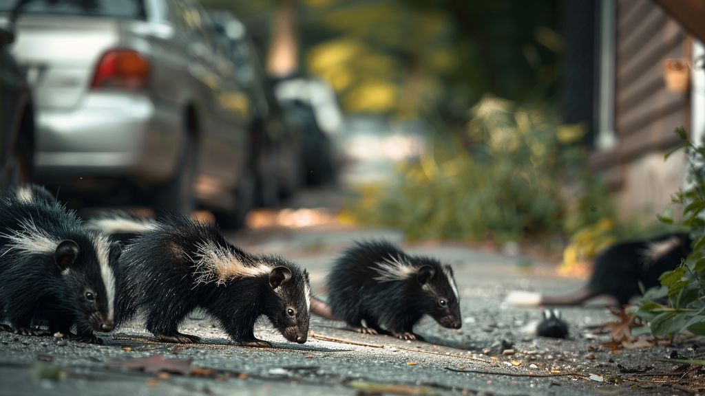 Group of skunks scavenging for food near a residential area.