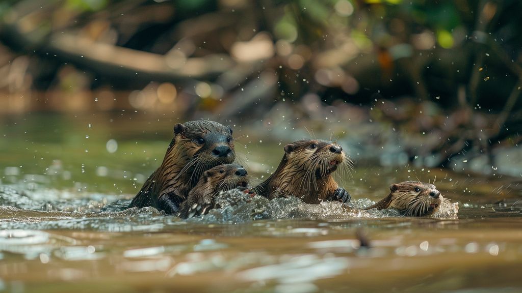 Family of otters playing in the water, a natural predator of the coypu.