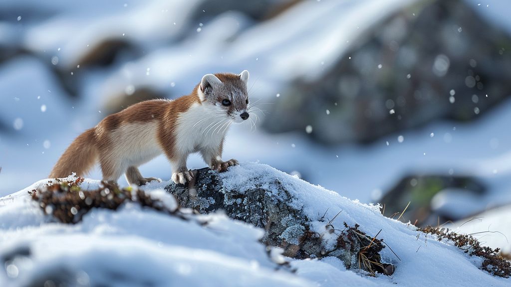 Stoat stealthily stalking its prey in a snowy landscape.