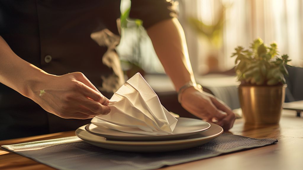 Folding a napkin into a fan shape on a plate.