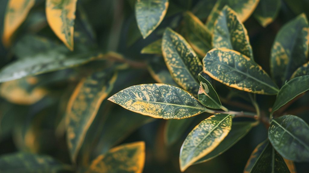 Closeup of laurel leaves affected by rust disease in a garden.