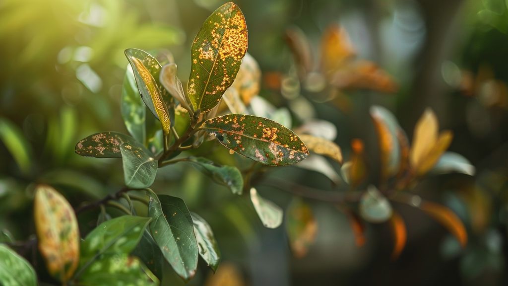 Closeup of a laurel plant affected by rust disease.