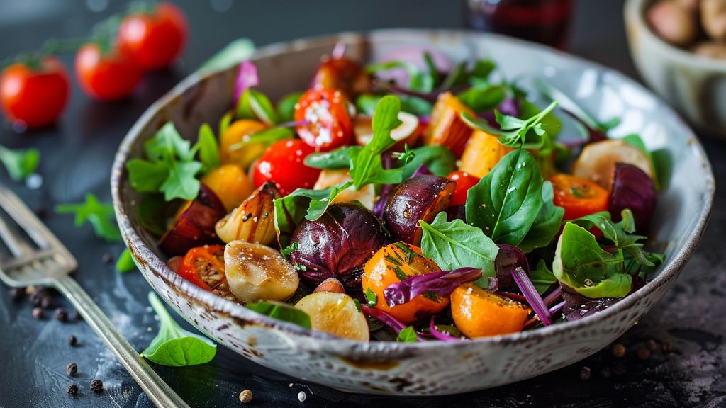 A colorful salad with roasted chestnuts, showcasing their health benefits.