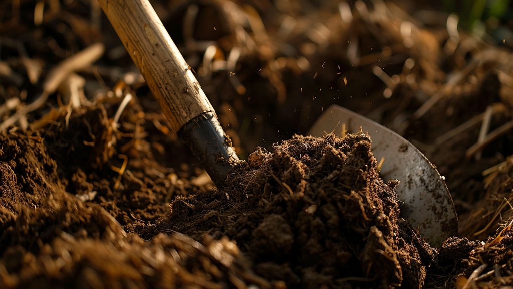 Closeup of a shovel mixing compost into the soil for planting