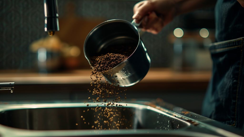 Woman pouring a small quantity of coffee grounds into the drain