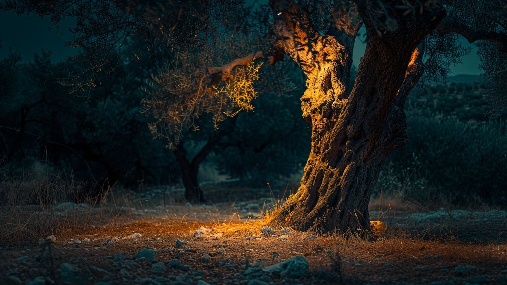 Nighttime illumination enhancing the beauty of the olive tree's trunk and foliage